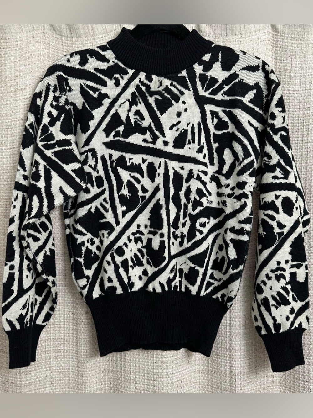 Vintage Ossi Skiwear Mock Neck Sweater Black White Geometric Knit Wool Blend
